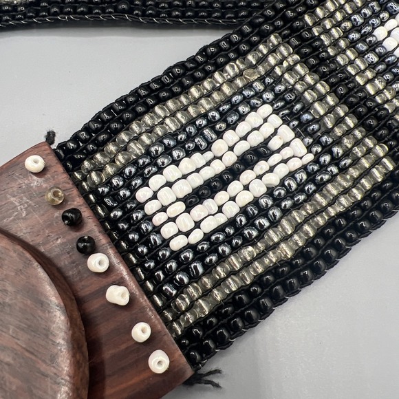 Vintage Heavy Beaded Wood Buckle Southwestern Native Aztec Western Boho Belt M - Picture 3 of 6